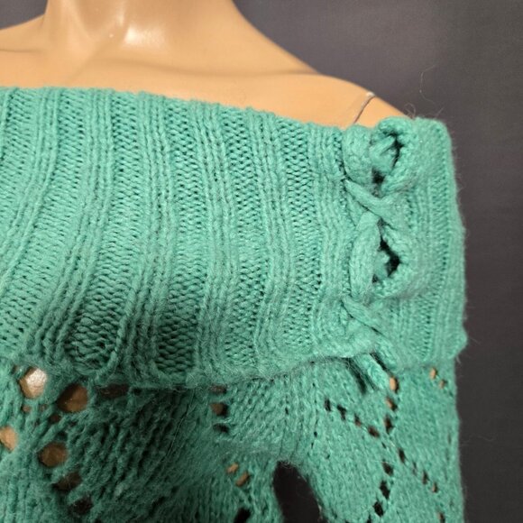 Y2K Groggy Off Shoulder Sweater Size S Green Long Sleeve Fairy Boho Wool Blend - Picture 5 of 9